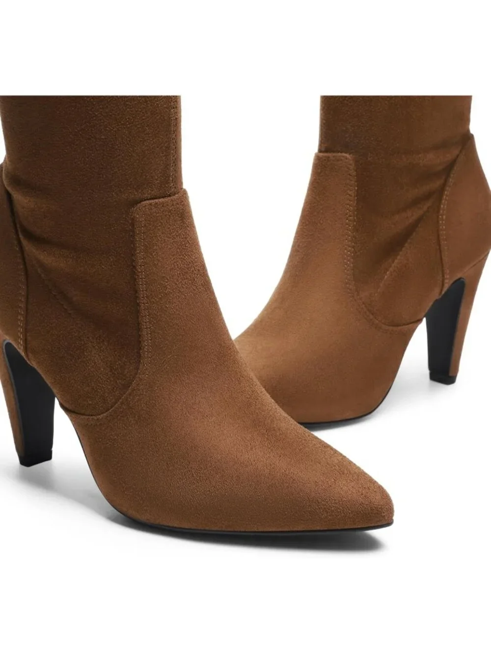 Women's Brown Suede Pointed Toe High Heels Faux Leather Over The Knee High Boots
